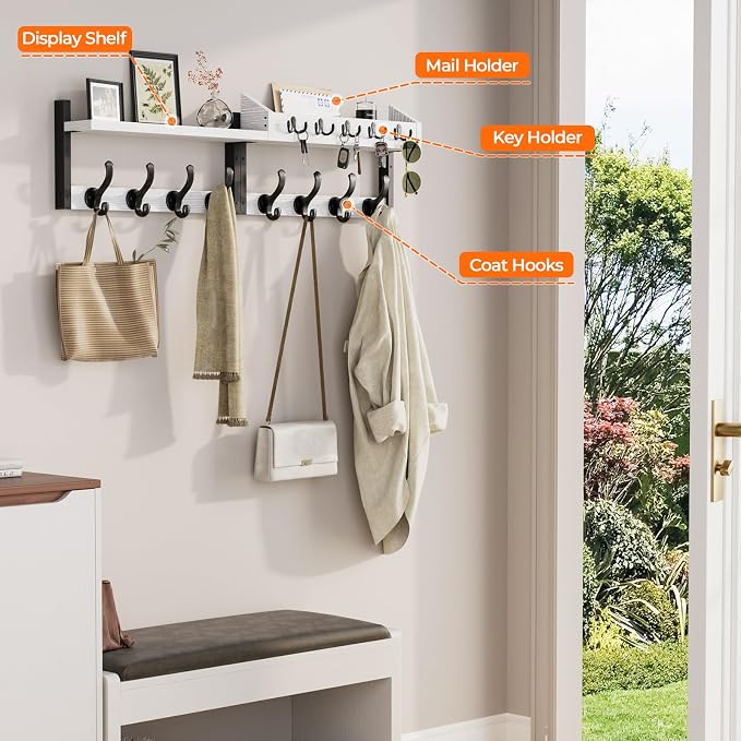 Evermagin 35" Coat Rack Wall Mount with Shelf for Entryway, White | Wall Mounted Coat and Key Rack with Hooks, Key Holder with Mail Organizer for Wall, Living Room, Mudroom, Bedroom - Image 5