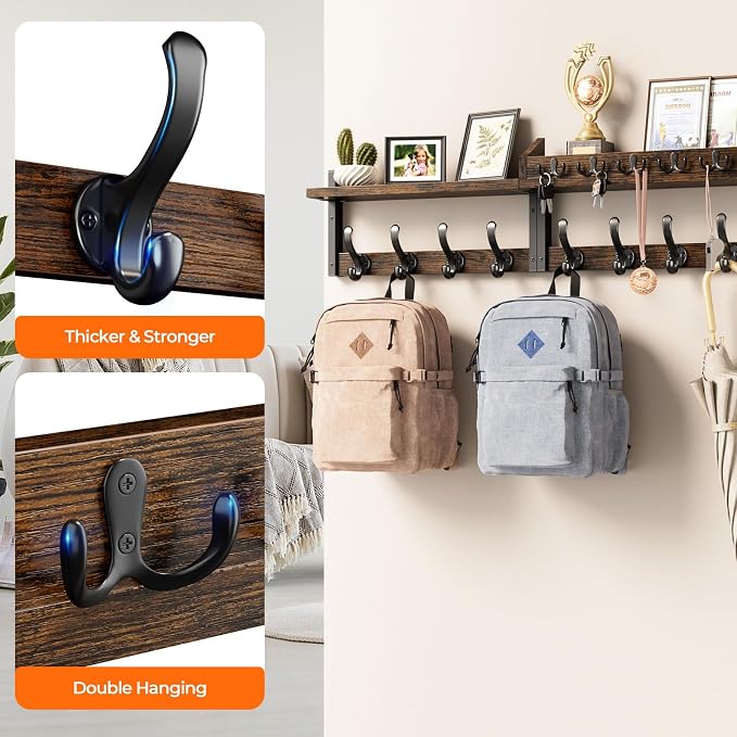 Evermagin 35" Coat Rack Wall Mount with Shelf for Entryway, Rustic Brown | Wall Mounted Coat and Key Rack with Hooks, Key Holder with Mail Organizer for Wall, Living Room, Mudroom, Bedroom - Image 6
