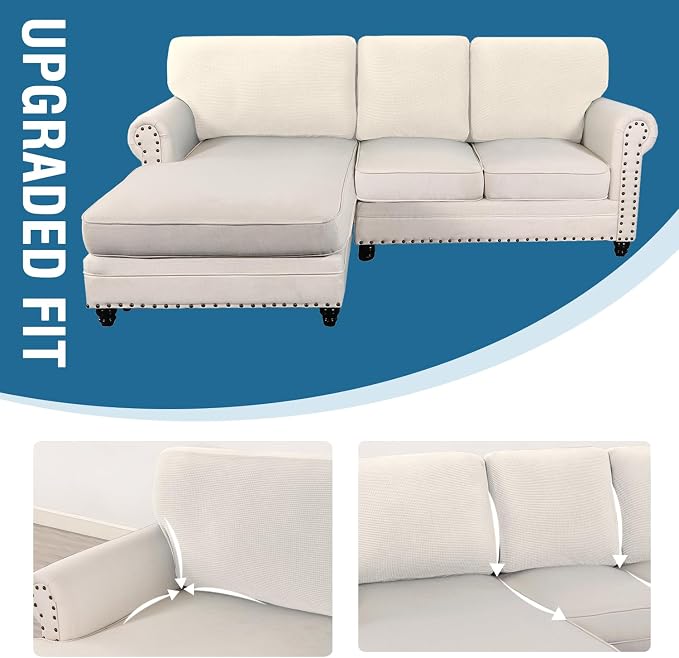 H.VERSAILTEX Backrest Cushion Covers Sectional Couch Back Cushion Covers for Sectional Sofa Set for Both Left/Right Couch (Back Only: 1 Chaise + 2 Sofa, Ivory) - Image 7