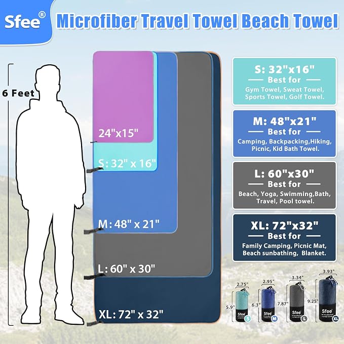 Sfee 2 Pack Microfiber Travel Towel, Quick Dry Towel Camping Towel Large Beach Towel Super Absorbent Compact Lightweight Sport Gym Towels for Beach, Gym, Hiking, Pool, Backpacking, Bath, Yoga - Image 5