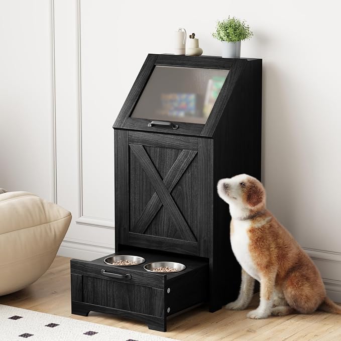 Dog Feeding Station with Storage Cabinet and 2 Elevated Dog Bowls, Hidden Pet Food Storage Organizer for Dog &Cat,Modern Dogs Furniture (Black) - Image 3