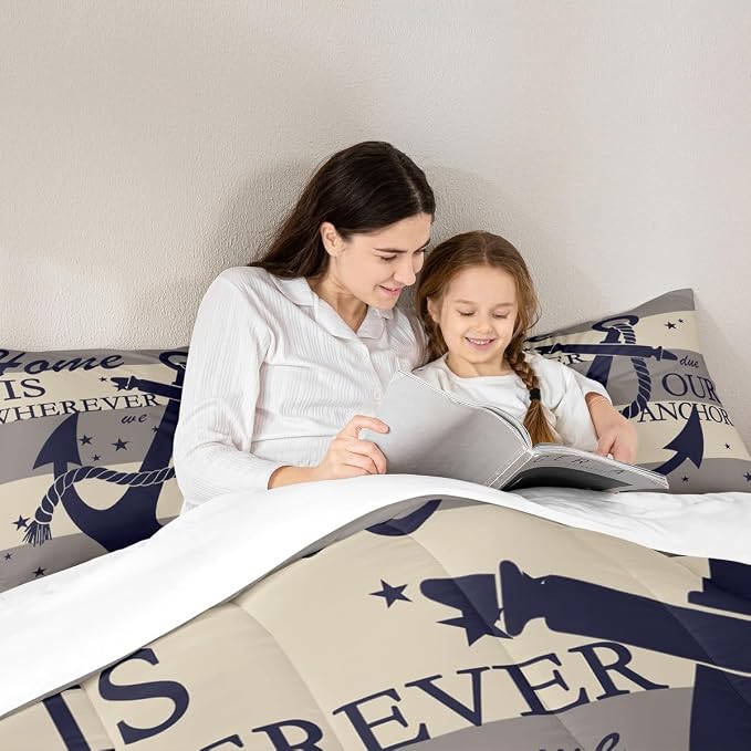 Homewish Anchor Duvet Insert Geometric Stripe Print Comforter Set Nautical Bedding Set 3pcs for Kids Boys Teens Microfiber Down Comforter with 2 Pillowcases, Full Size - Image 3