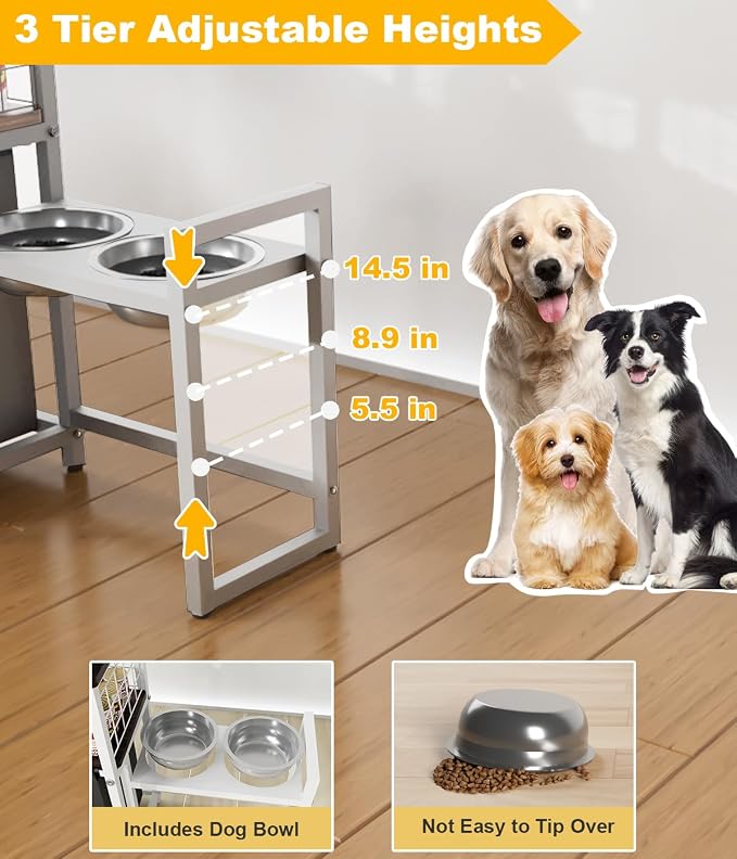 30.6Long x 26.2 High Elevated Dog Bowl Stand with Pet Food Storage Organizer, Adjustable Raised Feeding Station with Toy Basket for Large Medium Small Dogs and Cats, White - Image 4