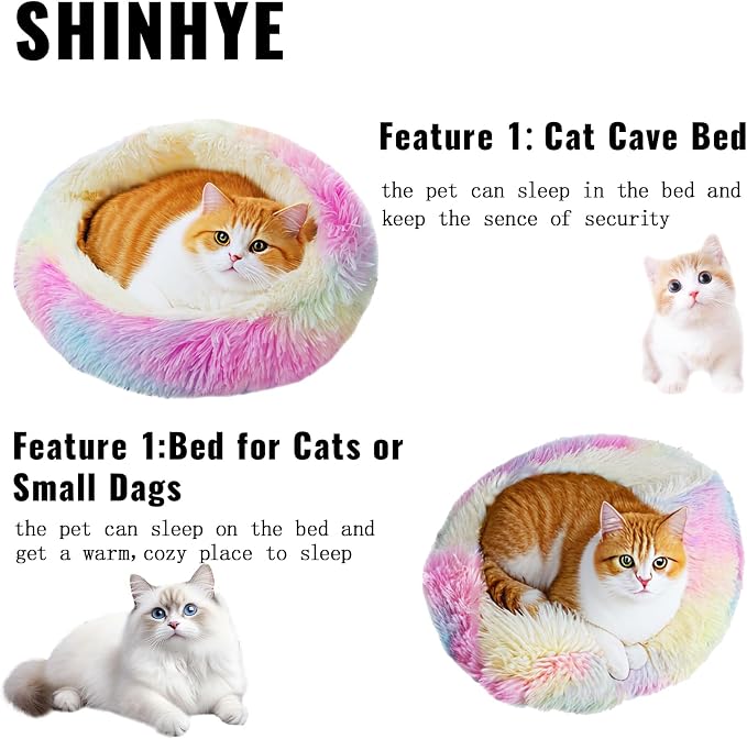 ShinHye Cat Bed Round Plush Fluffy Hooded Cat Bed Cave, Cozy for Indoor Cats or Small Dog beds, Soothing Pet Beds Doughnut Calm Anti-nxiety Dog Bed - Waterproof Bottom Washable (23×23inch, Multicolor) - Image 5