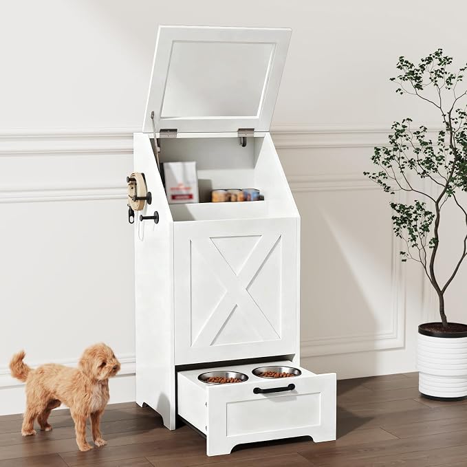 Dog Feeding Station with Storage Cabinet and 2 Elevated Dog Bowls, Hidden Pet Food Storage Organizer for Dog &Cat,Modern Dogs Furniture (White) - Image 2