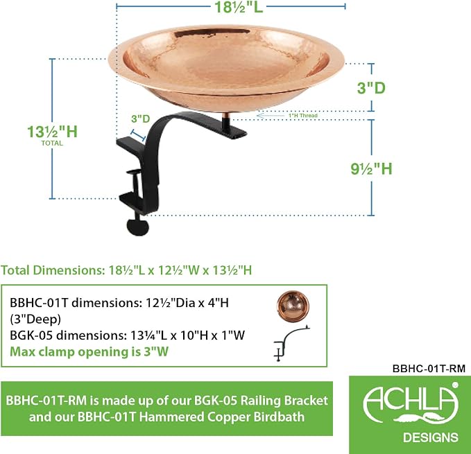 Achla Designs BBHC-01T-RM Hammered Rail Mount Bracket Birdbath, Polished Copper Plated, Black - Image 2