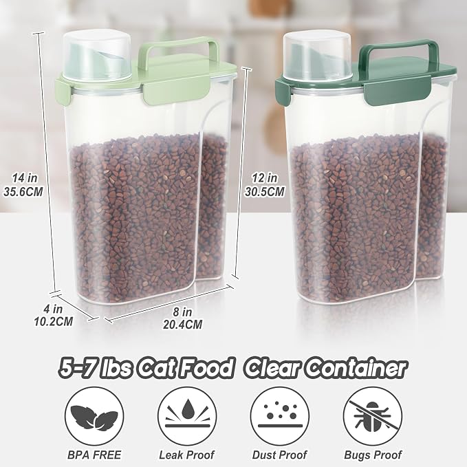 LEAWALK 5-7lbs Dog Cat Storage Container Portable with Upgraded Large Spout and Cup, Plastic Pet Food Dispenser for Small Animal Kibble, Bird Seed,Oatmeal, Rice,Flour, Brown Sugart-Green 2pack - Image 2