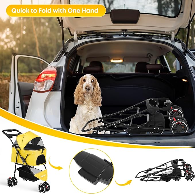 Pet Stroller,Dog Stroller for Small Medium Dogs Cats,3 Wheels,Foldable,with Breathable Mesh Canopy,Cup Holders,Easy Assembly,Yellow
