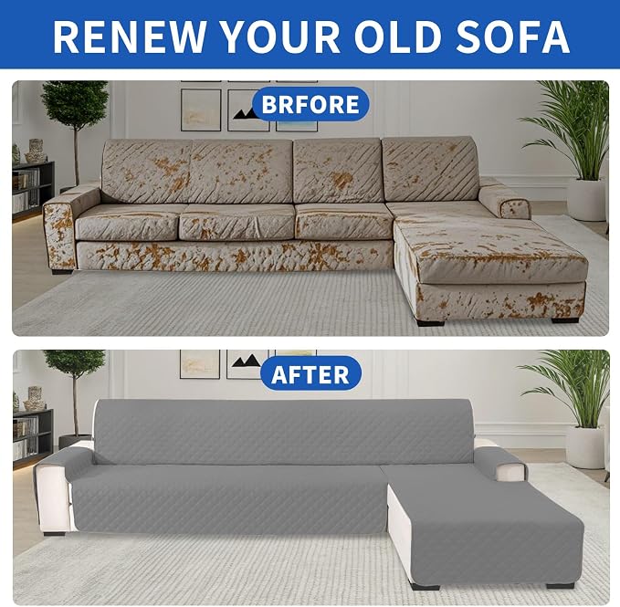 Waterproof Large Sectional Couch Covers for Dogs, Reversible L Shaped Couch Cover, Sofa Covers Washable Sectional, Furniture Protector Cover for Pets Kids (X-Large, Light Grey) - Image 7