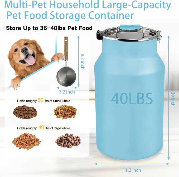 Dog-Cat Food Storage Container 40 lb/38 Qt Large Pet Food Bin with Airtight Lid, 304 Stainless Steel Construction & Scoop Included, Durable Metal Dog Food Storage for Dogs & Cats, Blue - Image 2