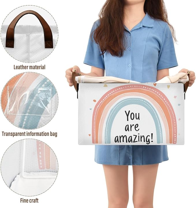 You Are Amazing Quoted Rainbow Positive Baby Storage Basket with Labels&Handles Rectangular Nursery Storage Bins Collapsible Shelf Organizer Baskets for Kids Books Cloth Gift Basket Toys Laundry, 2 PC - Image 4