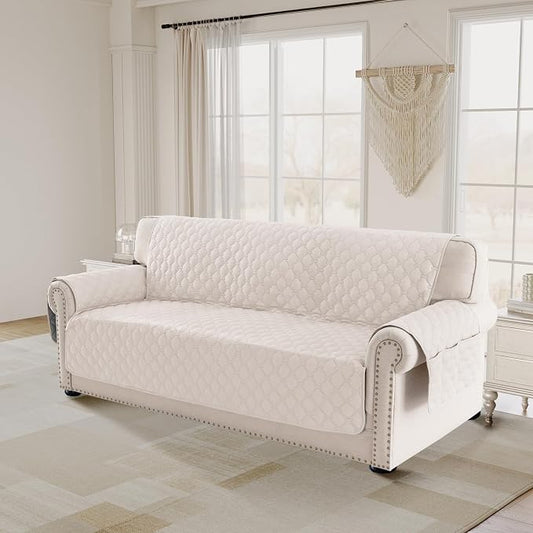 PrinceDeco Couch Covers for 3 Cushion Couch Quilted Sofa Slipcovers Water Resistant and Anti-Slip Furniture Protector Sofa Cover Pet Friendly Seat Width to 68"(Sofa, Ivory) by PrinceDeco
