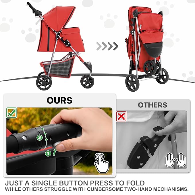 MoNiBloom 3 Wheels Pet Stroller, Foldable Puppy Cage Jogger Stroller with Weather Cover for All-Season, Storage Basket and Cup Holder, Breathable and Visible Mesh for Small/Medium Pets, Red