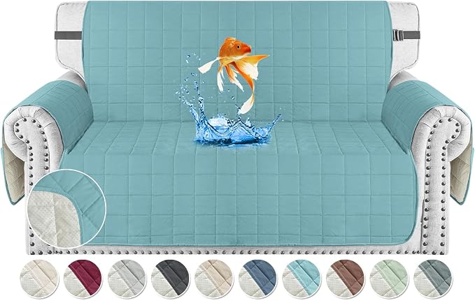 MAXIJIN Waterproof Love Seat Couch Covers 2 Cushion Sofa, 49" Quilted Loveseat Cover Slipcovers for Pets Dog Couch Cover Protector with Elastic Strap & Side Pocket (Loveseat, Clear Blue) by MAXIJIN