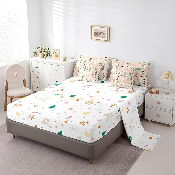 Erosebridal 7Pcs Beige Christmas Comforter Set Twin Size,Princess Nutcracker Bedding Set,Xmas Tree Snow Bed in A Bag for Kids Boys Girls,Starry Sky Christmas Decoration Quilt with Flat Fitted Sheet - Image 5