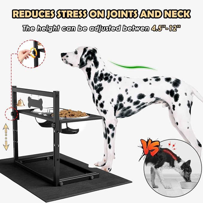 Elevated Dog Bowls with Slow Feeder and Spill Proof Mat, Adjustable Height 4.3-11.8'', Two 1.7L Stainless Steel Food & Water Bowls, Metal Raised Dog Bowl Stand, for Large Medium Breeds - Image 2