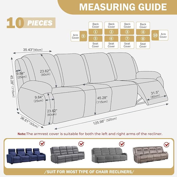 vctops Diamond Recliner Sofa Covers 10-Pieces Stretch Large RV Couch Covers for 4 Seats Reclining Slipcovers Soft Solid Furniture Protector (Light Coffee,4 Seat) - Image 2