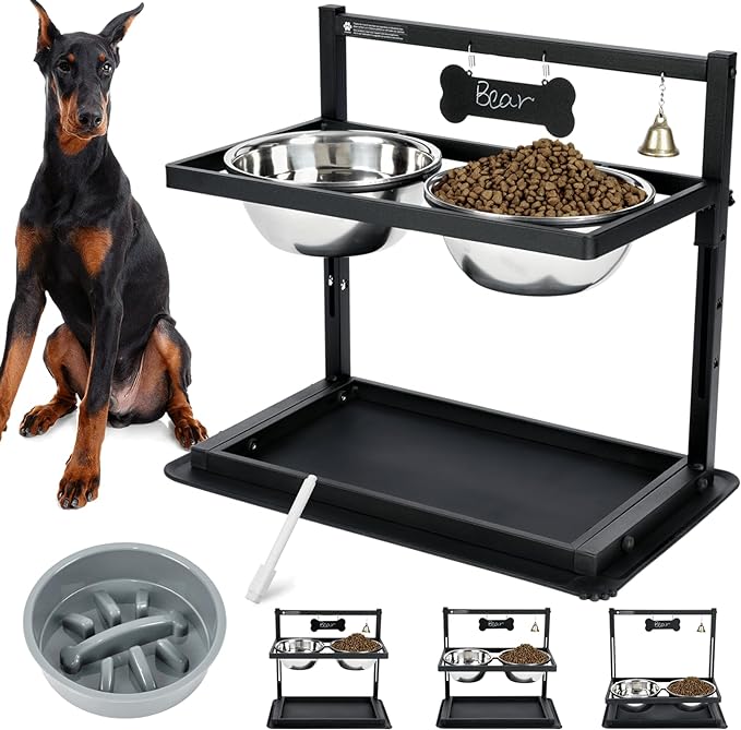 Elevated Dog Bowls with Slow Feeder for Large and Medium Dogs, Adjustable Height Raised Dog Bowl Stand with 2 Stainless Steel Bowls and Spill-Proof Mat, Dog Feeder for Healthy Eating (Grey) by SHAINFUN