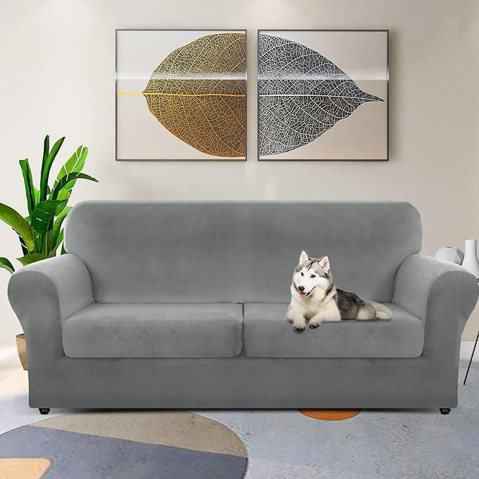 ZNSAYOTX Oversized Velvet 3 Piece Couch Cover with 2 Extra Large Seat Cushion Covers Stretch Sofa Cover for 2 Cushion Couch Thick Loveseat Sofa Slipcover for Living Room (Grey), 72"-92"(2 Cushions) - Image 2