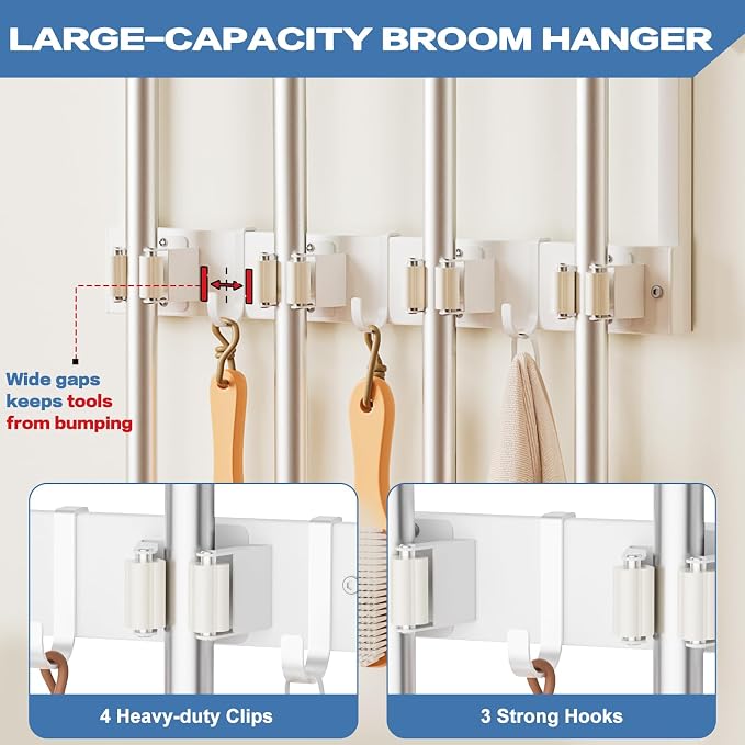 Olakee Broom Holder Wall Mount with Cleaning Supplies Organizer, Laundry Room Organization and Storage Shelves, Mop Hanger Rack with Hooks, Utility Shelf Closet Organizer for Garage Home Improvement - Image 3