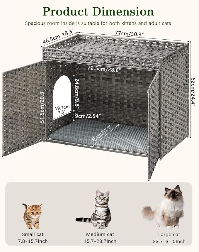 SETVSON Cat Litter Box Enclosure Furniture, Handwoven Rattan Hidden Litter Box with Mat, Large Space Cat House with 2 S-Shaped Hooks 30.3 x 18.3 x 24.4 Inches, Indoor for Living Room Apartment Gray - Image 5