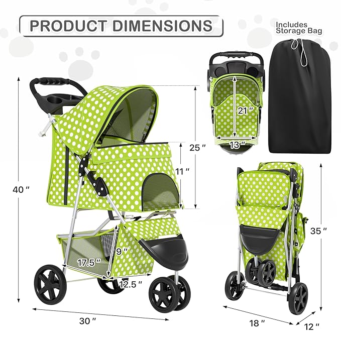 MoNiBloom 3 Wheels Pet Dog Cat Stroller for Small Medium Dogs Cats, Foldable Jogger Stroller w/Storage Basket and Cup Holder, Lawn Green Polka Dots