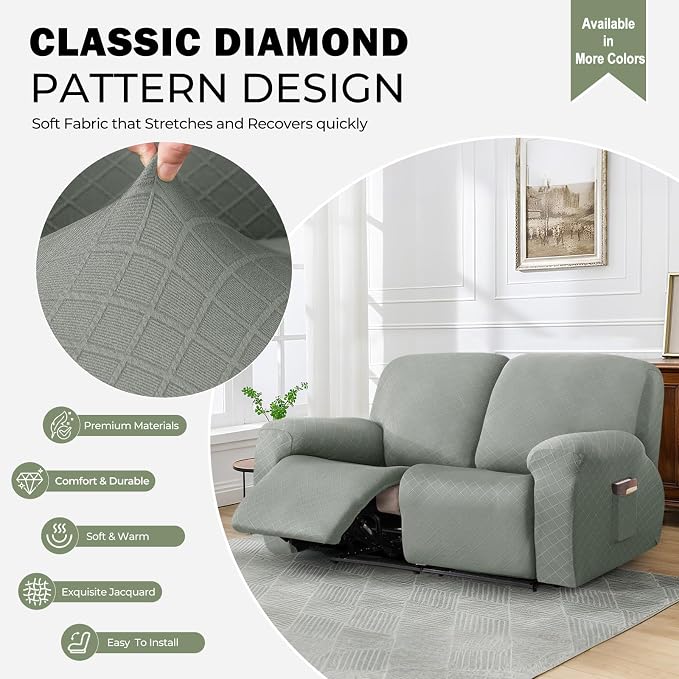 vctops Diamond Recliner Loveseat Slipcover 6-Pieces Stretch Dual Recliner Sofa Covers for 2 Seat Dual Reclining Loveseat Couch Soft Solid Furniture Protector (Greyish Green,2 Seat) - Image 3