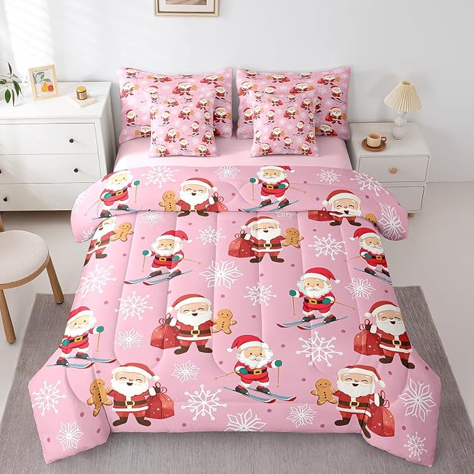 Erosebridal 7Pcs Cute Santa Claus Comforter Set King Size,Xmas Gingerbread Bedding Set for Kids Boys Girls,Christmas Snowboard Snowflake Bed in A Bag,Pink Christmas Quilt with Flat Fitted Sheet by Erosebridal
