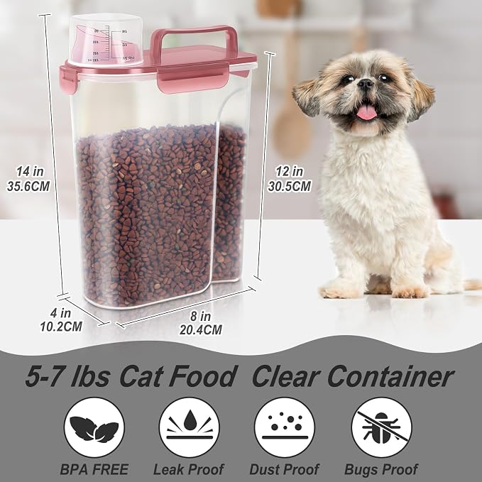 LEAWALK 5-7Lbs/6Qt Dog Cat Storage Container Portable with Upgraded Large Spout and Cup, Plastic Pet Food Dispenser for Small Animal Kibble, Bird Seed, Oatmeal, Rice, Flour, Brown Sugart- Clear pink - Image 2