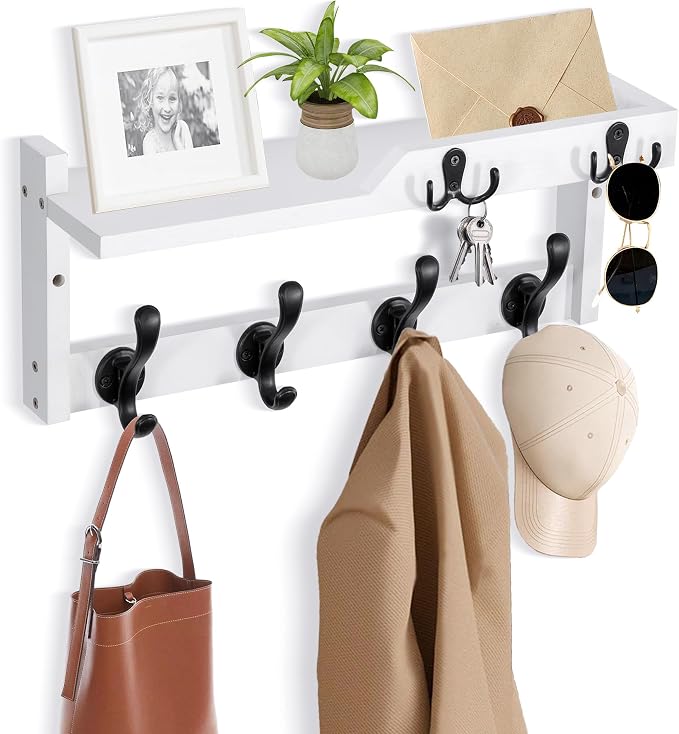 dreampossible Coat Rack Wall Mount with Shelf, Coat Hanger Wall Mount with Key Hooks and Mail Holder, Wood Entryway Floating Shelf with Hooks and Storage, Hat Rack for Wall Key Holder Mail Organizer by dreampossible