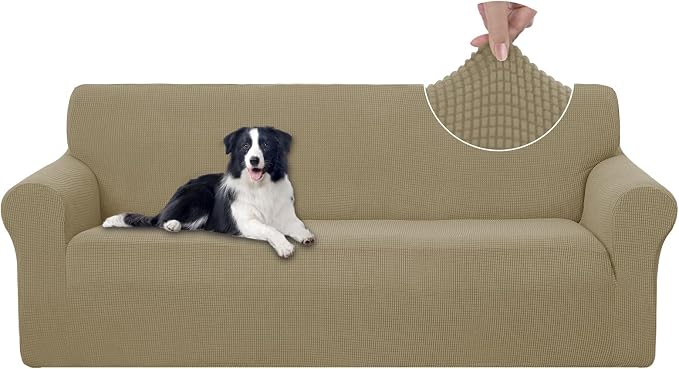 U-NICE HOME Stretch Couch Cover Slipcover for 3 Cushion Sofa, Sand | 1-Piece Sofa cover, Washable, Pet friendly, Furniture protector, Polyester Spandex Jacquard fabric by U-NICEHOME