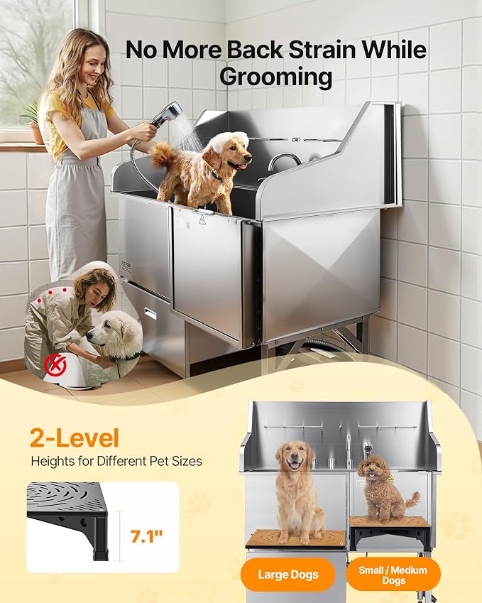 VEVOR Professional 304 Stainless Steel Dog Bathing Station, 50 inch Pet Grooming Tub w/Anti-Slip ramp, Storage Drawer, Cold Hot Faucet Showerhead, for Large & Medium & Small (Right Door, with Drawer) - Image 3