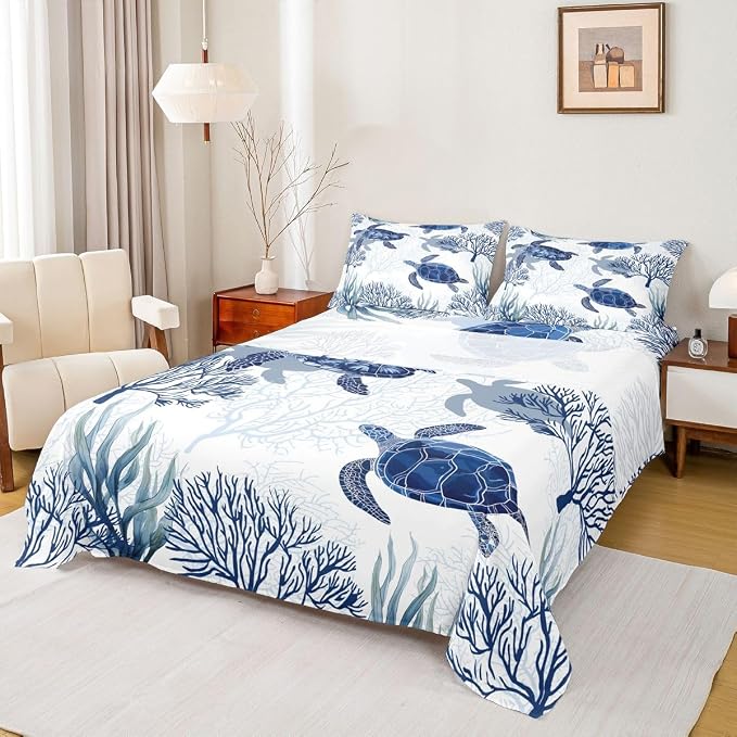 Turtle Sheet Set Queen,White Blue Sea Turtle Bedding Set for Kids Boys Girls,Reptile Tortoise Fitted Sheet Ocean Beach Theme Top Sheet,Hawaiian Coastal Child 4 Pcs Bed Set,1 Flat Sheet, 2 Pillowcases - Image 7