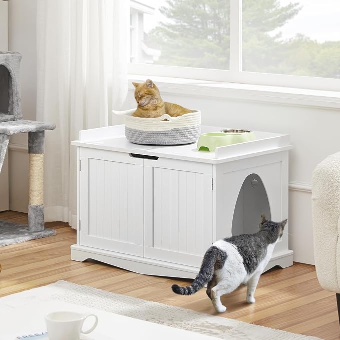 Yaheetech Cat Litter Box Enclosure, Hidden Litter Furniture, Cat Washroom, Pet Crate, Decorative Storage Bench Pet Side Table for Large Cat Kitty, White - Image 2