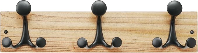 SKOLOO 17-Inch Wood Coat Rack Wall Mount with 3 Triple Hooks - Ideal for Family Entrances, Classrooms, and Pet Supplies Storage - Perfect Coat Hooks for Wall, Black on Natural by SKOLOO