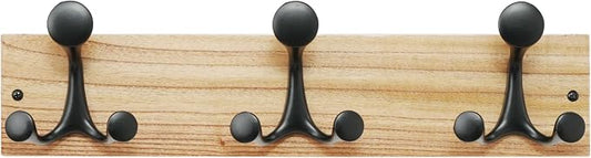 SKOLOO 17-Inch Wood Coat Rack Wall Mount with 3 Triple Hooks - Ideal for Family Entrances, Classrooms, and Pet Supplies Storage - Perfect Coat Hooks for Wall, Black on Natural by SKOLOO