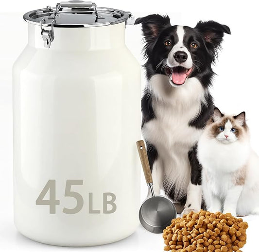 Dog-Cat Food Storage Container 45 lb/48 Qt, Large Stainless Steel Pet Food Bin with Airtight Lid & Scoop Included, Durable 304 Metal Storage for Dogs & Cats by Aloxina