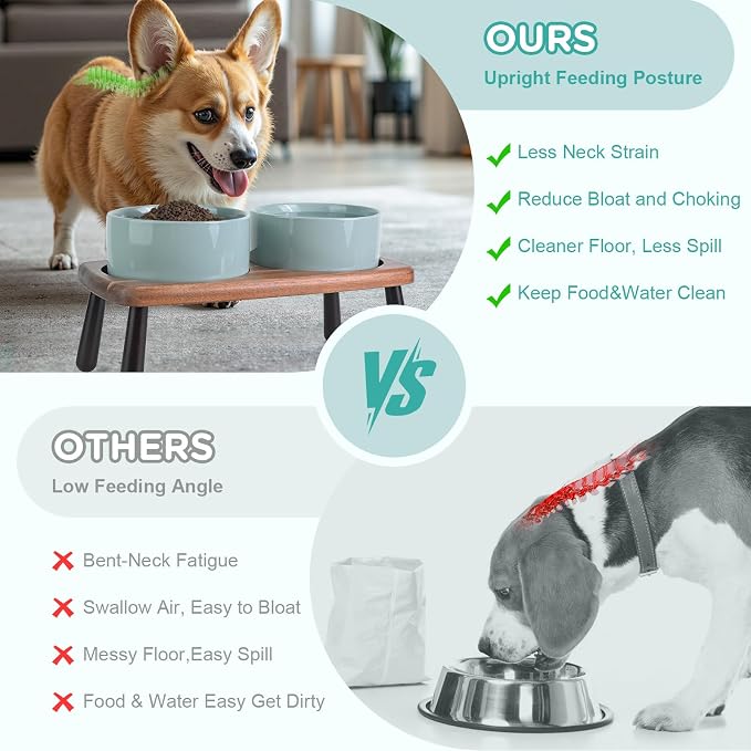 SPUNKYJUNKY Ceramic Elevated Dog Bowls Raised with Acacia Bamboo Wooden Stand, 6.1'' Dog Cat Food Water Bowls Set Non-Slip for Small Medium Sized Breed Microwave Dishwasher Safe - 28.7 OZ,Light Green - Image 3