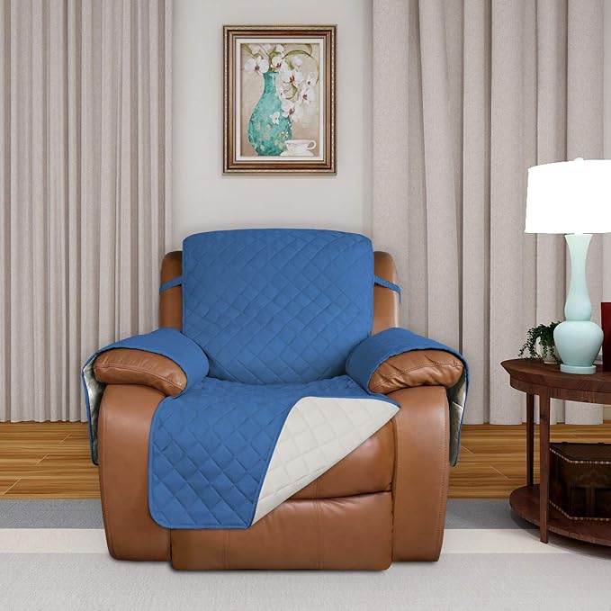 PureFit Reversible Recliner Chair Covers Couch Covers for Dogs, 28 in | Blue/Ivory, Water Resistant Couch Protector, Washable Pet Couch Cover with Non Slip and Elastic Straps For Kids - Image 2