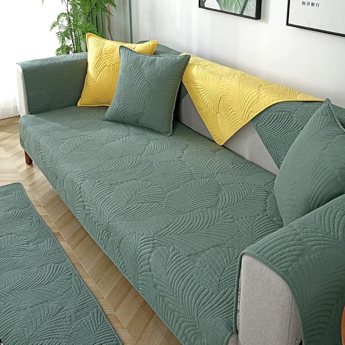 Solid Color Leaf Cotton Quilted Sofa Covers Anti-Slip Soft Sectional Couch Cover Washable Sofa Slipcover for Dogs Cats Pet (Green,28''x59'') - Image 4