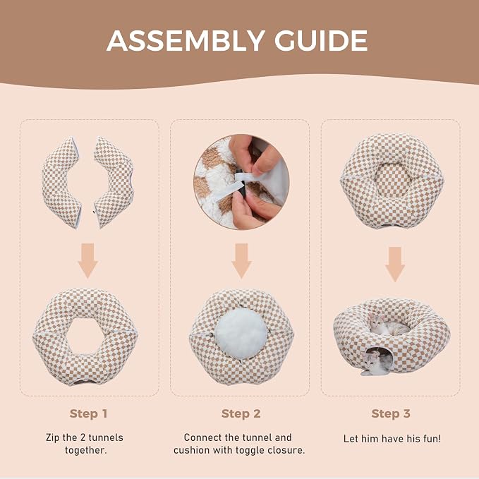 PEQULTI Cat Tunnel with Cat Bed for Indoor Cats, Cat Play Donut Tunnel with Washable Soft Plush Mat, Round Tunnel Toys Cute Tube for Kittens, Puppies, Rabbits and Ferrets, Brown - Image 6