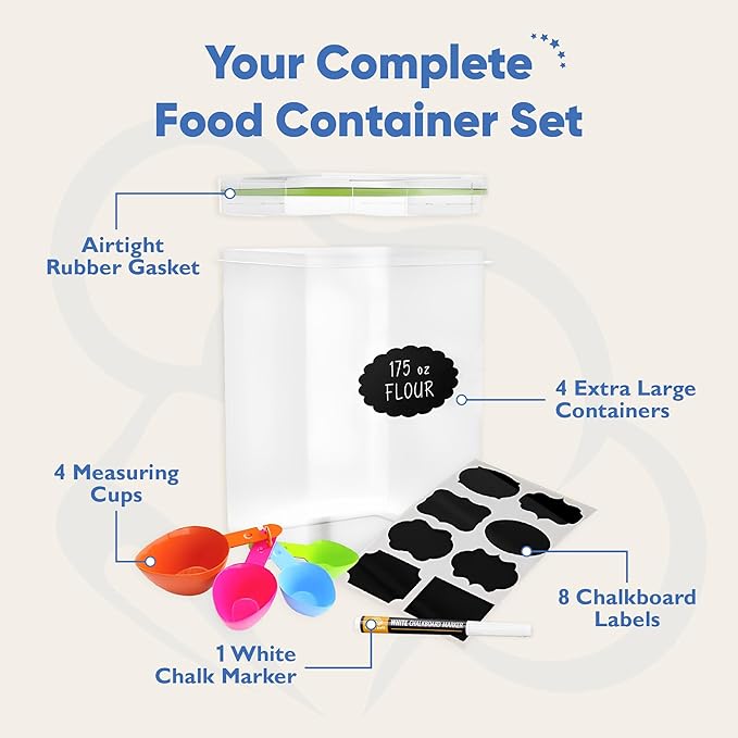 Chef's Path Kitchen Storage Box Set of 4 Extra Large Airtight Food Storage Jars for Sugar Flour Cereal Rice - Measuring Spoons, Pen and Food Preservation Labels (5.2 L) - Image 2