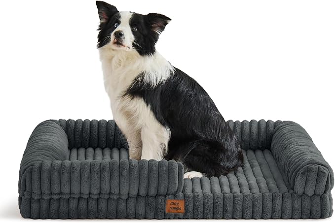 ChiXnuggle Faux Fur Orthopedic Dog Bolster Bed, Waterproof Washable Cover | rectangular dog sofa couch,egg crate foam,non-slip bottom,for extra large dogs,dark grey,41*30*7 by SnuggleUpPawsDown