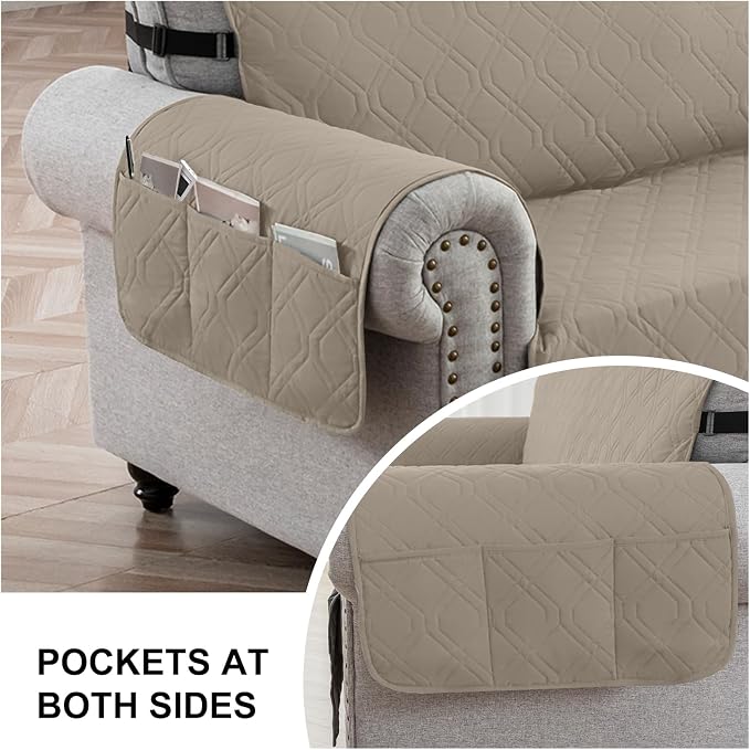 100% Waterproof Couch Cover,Straps&Pockets,pet Friendly,23" Camel | Washable sofa cover, pet-friendly, scratch-resistant furniture protector, quilted sofa cover, reversible, non-slip backing. - Image 5