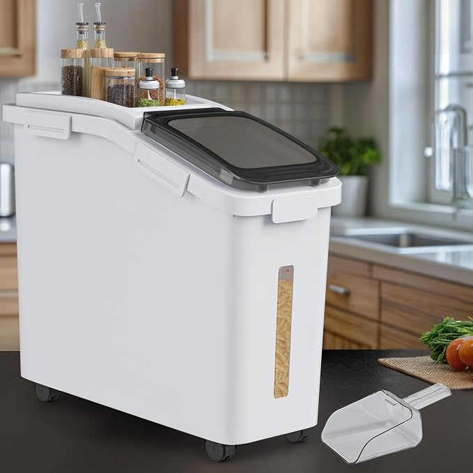 YITAHOME Large Flour Storage Container Ingredient Bins, 11.4-Gallon Rice Food storage Containers Bins with Wheels, Scoop and Airtight Lid for Bulk Rice, Cereal Grain, Sugar, White - Image 2