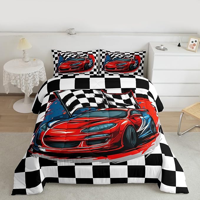 Erosebridal Racing Car Comforter Set, Dirt Bike Down Comforter,Cartoon Race Car Competition Extreme Sports Game Duvet Set for Kids Boys Teens Men, Red Automobile Quilted Duvet Decor 3 Pcs Queen Size by Erosebridal