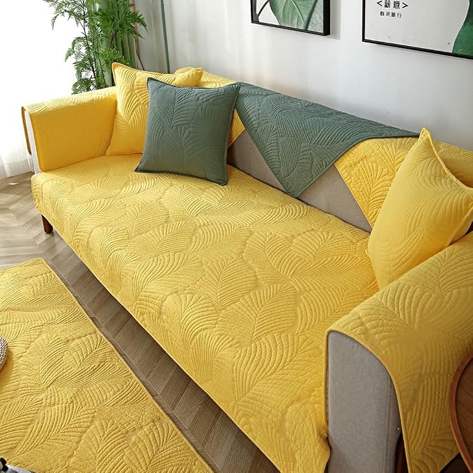 Solid Color Leaf Cotton Quilted Sofa Covers Anti-Slip Soft Sectional Couch Cover Washable Sofa Slipcover for Dogs Cats Pet (Yellow,28''x59'') - Image 4