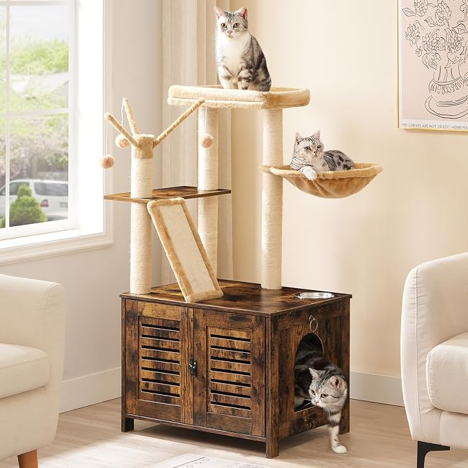 HOOBRO Cat Tree with Litter Box Enclosure, 44" Tall Wooden Cat Tower with Scratching Posts, Cat Hammock, Hidden Litter Box Furniture, All-in-One Indoor Cat Condo, Rustic Brown FG48MZ03 - Image 8
