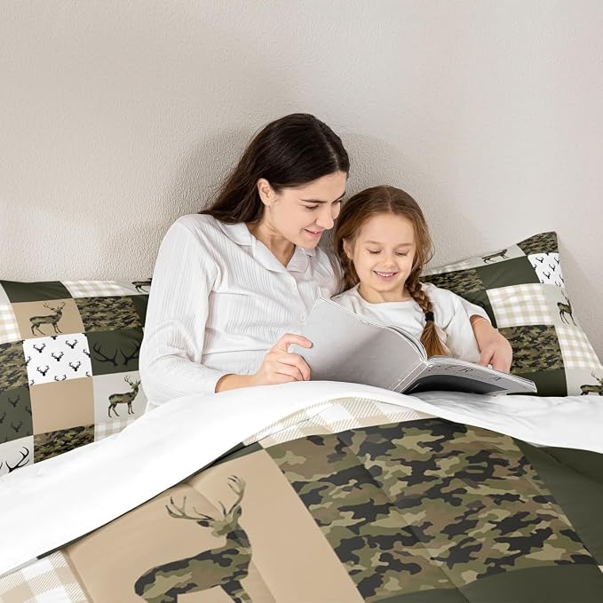Homewish Camouflage Comforter Set Twin Size Woodland Camo Quilt Set Green and Beige Plaid Print Bedding Set 2pcs for Kids Boys Teens Room Decor, Animal Deer Antlers Duvet Insert with 1 Pillowcase - Image 6