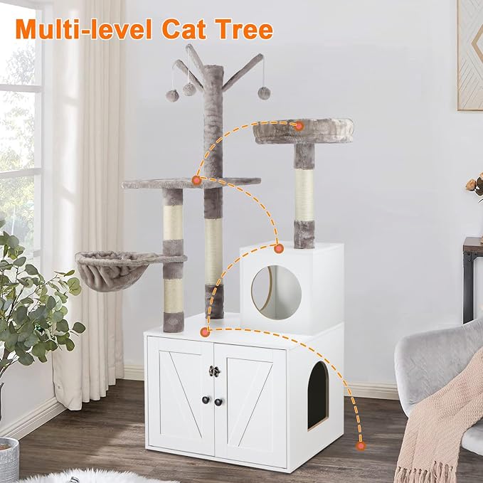 Timberer Litter Box Enclosure with Cat Tree, 2-in-1 Hidden Litter Box Furniture with Scratching Post, Modern Cat Condo, White - Image 7